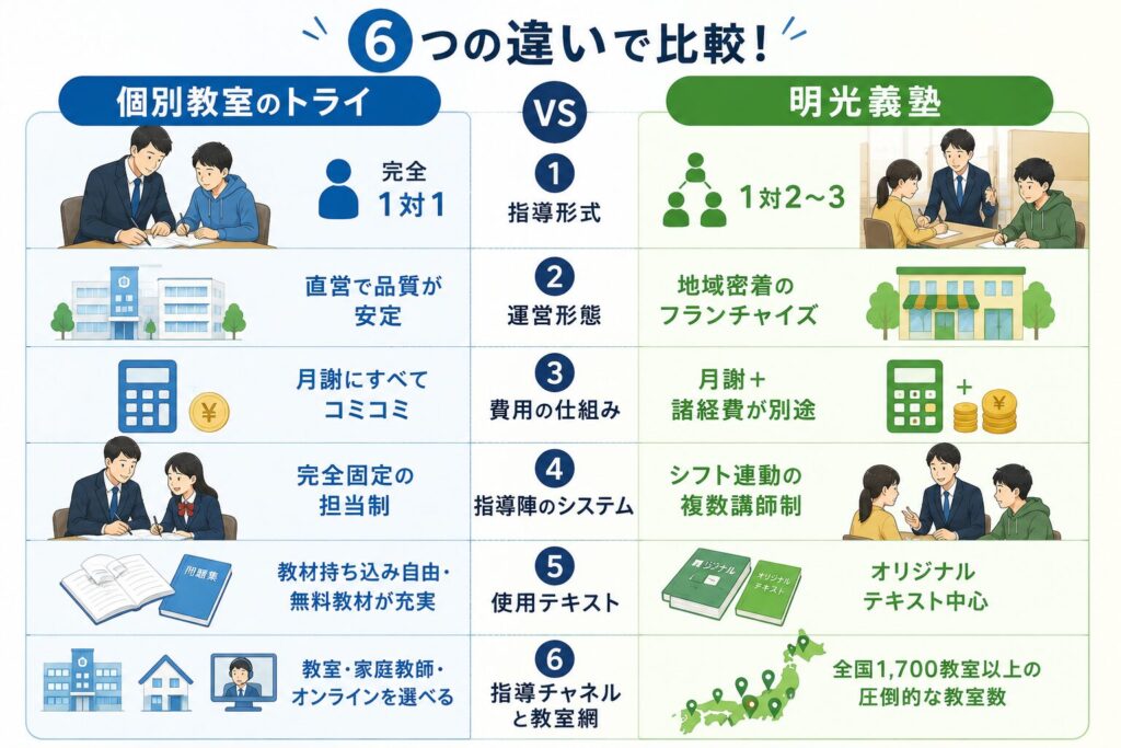 【徹底比較】絶対に知っておくべきトライと明光義塾の「決定的な6つの違い」