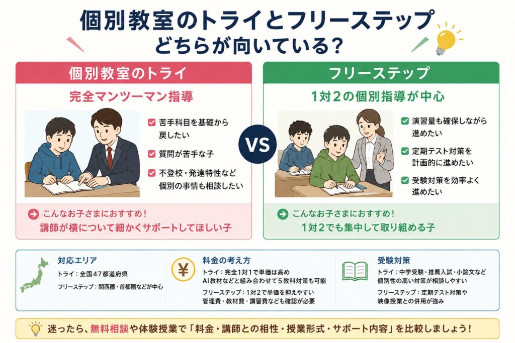 結論:個別教室のトライと個別指導学院フリーステップはどちらが向いている?