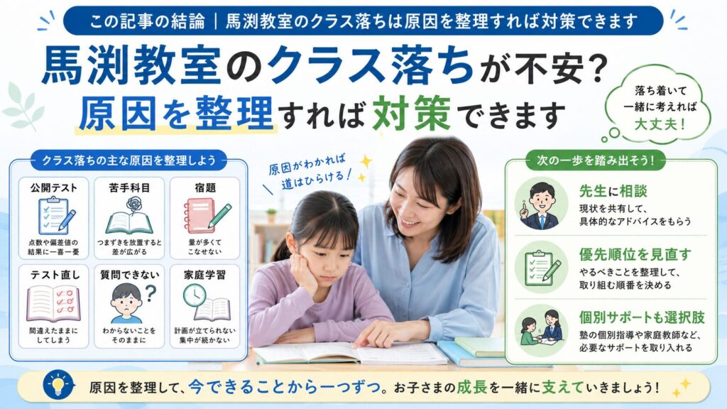 この記事の結論|馬渕教室のクラス落ちは原因を整理すれば対策できます