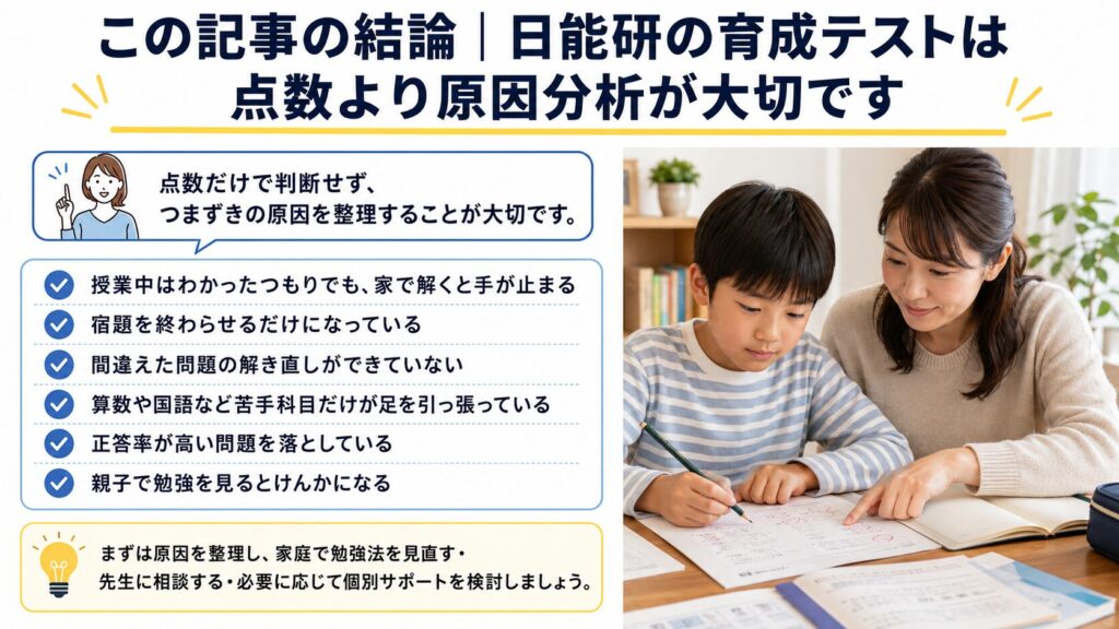 この記事の結論｜日能研の育成テストは点数より原因分析が大切です