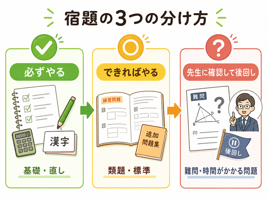 結論|宿題は「必ずやる・できればやる・今週は切る」の3つに分ける